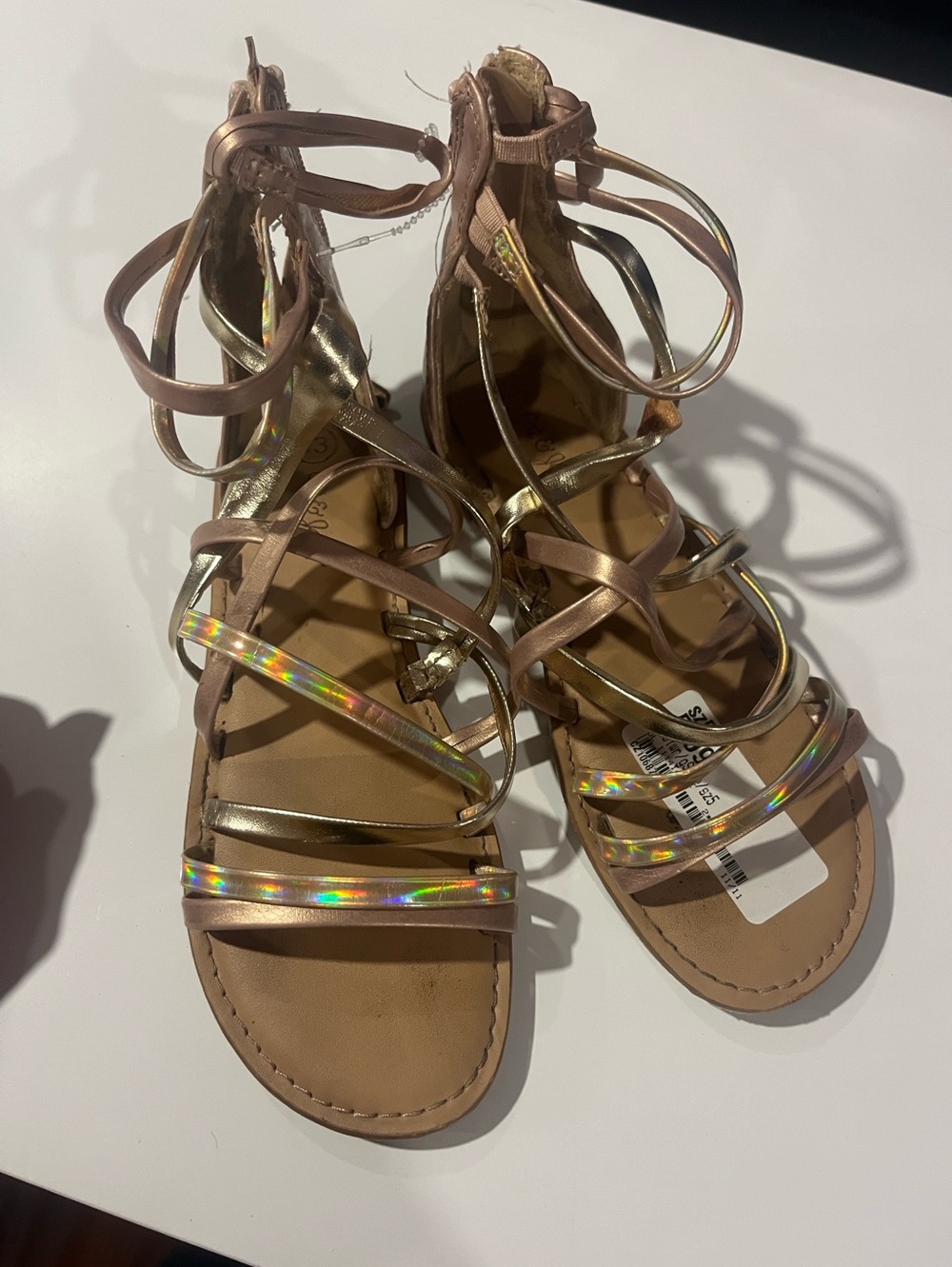 Women’s Multi-Strap Holographic Rose Gold Gladiator Sandals